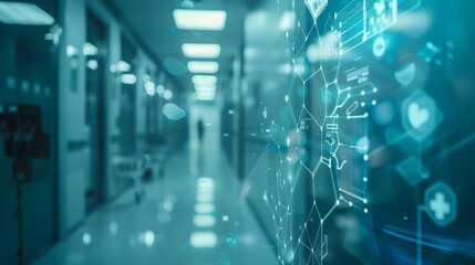 Medical icon network connection with modern virtual screen interface on hospital background