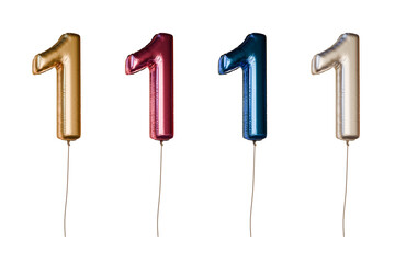 Number one shaped foil balloons in different colors. Isolated on transparent background.