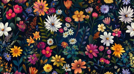 Colorful summer wildflowers, daisies and tulips with green leaves on a dark background - obrazy, fototapety, plakaty