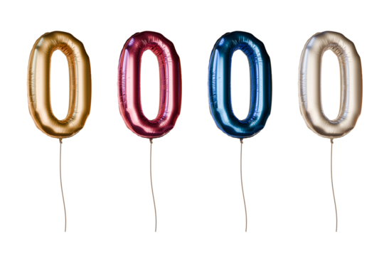 Number zero shaped foil balloons in different colors. Isolated on transparent background.