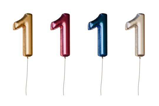 Number one shaped foil balloons in different colors. Isolated on transparent background.