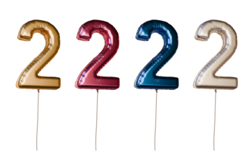 Number two shaped foil balloons in different colors. Isolated on transparent background.