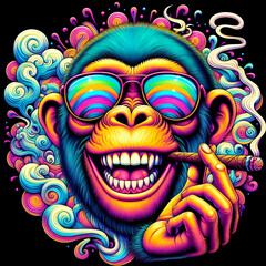 Digital art of a psychedelic cool monkey with sunglasses smoking a blunt