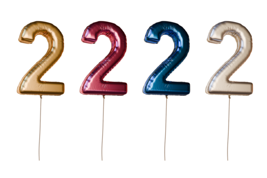 Number two shaped foil balloons in different colors. Isolated on transparent background.