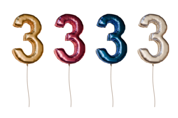 Number three shaped foil balloons in different colors. Isolated on transparent background.