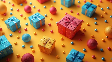 3d rendering of a colorful background with presents and ornaments