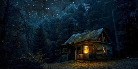 Cabin in the middle of the dark night forest. underexposure photo.