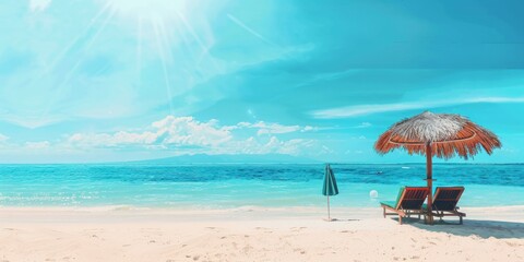 White sand beach with beach umbrella. Summer concept.