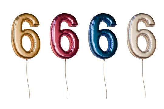 Number six shaped foil balloons in different colors. Isolated on transparent background. - Powered by Adobe