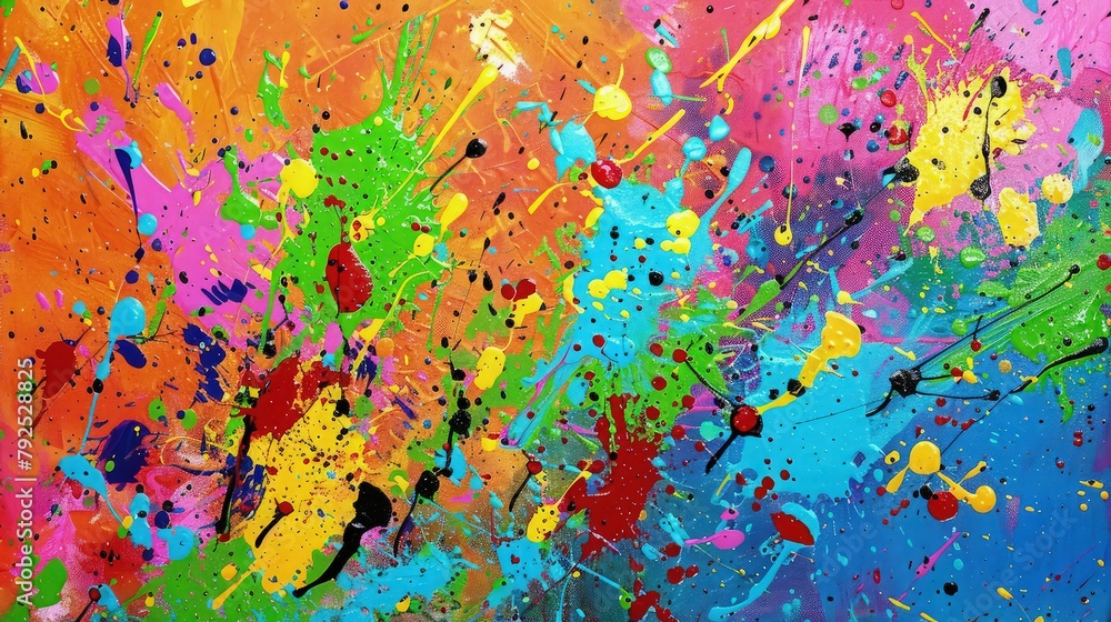 Poster bursting with energy, the canvas is adorned with an explosion of colorful thick paint splashes, form
