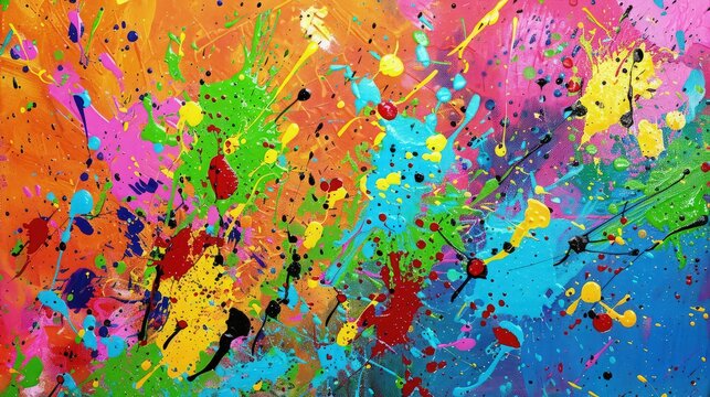 Bursting with energy, the canvas is adorned with an explosion of colorful thick paint splashes, forming an abstract backdrop that radiates vibrancy