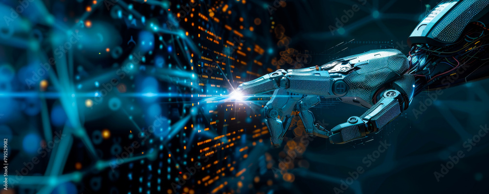 Aufkleber futuristic artificial intelligence: robot hand connecting big data network, innovative machine learn