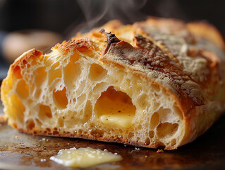 A close-up image capturing the rich texture and golden brown crust of a freshly baked artisan bread.