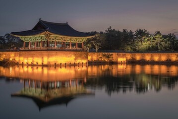 Landscape donggung palace wolji pond surrounded by lights evening south korea