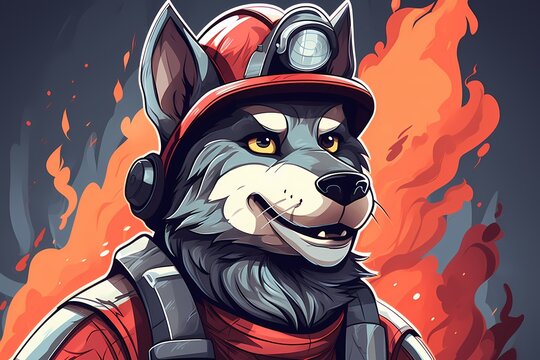 cartoon illustration, a firefighter wolf