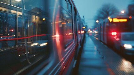 As the train speeds forward defocused streetlights and passing cars blur into a dreamy backdrop echoing the transitory nature of public transportation. .