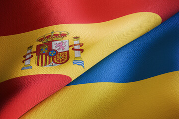 Spain and Ukraine flags over each other. Partnership and negotiation concept. 3D rendered illustration.
