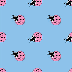 Vector seamless pattern of cute pink ladybugs in flat style. Background and texture on theme of nature, spring, summer, children print, isolated