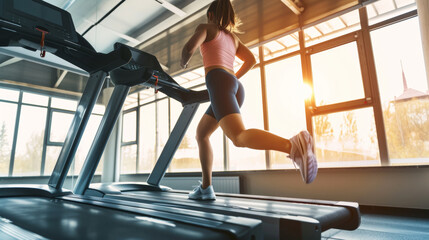 Fototapeta premium Left side view in low angle of a Woman with brown ponytail running on a treadmill inside an empty gym with a hard morning sun behind windows walls