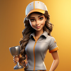 Cartoon young smiling Woman holding a cup with her right hand with long brown hair and casual sport light gray color clothes with a gradient background