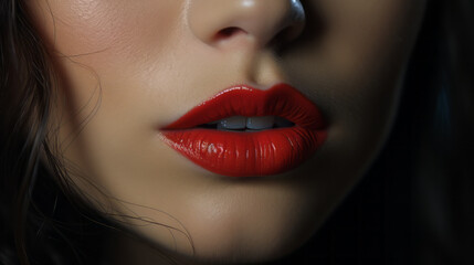 Fototapeta premium Very close-up of a Woman sensual mouth slightly open with white teeth and a red shiny and glossy lipstick with long brown hair