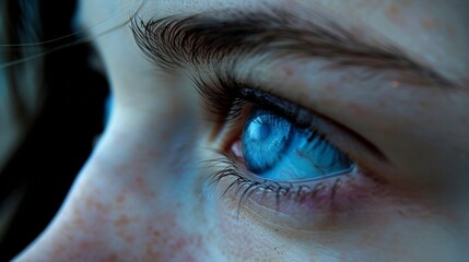 The deep blue eyes were filled with sadness and remorse the reflections revealing the persons feelings of guilt and regret. . - obrazy, fototapety, plakaty