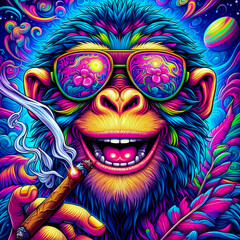 Digital art of a psychedelic cool monkey with sunglasses smoking a blunt - obrazy, fototapety, plakaty