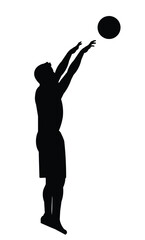 Fototapeta na wymiar Black silhouette of a basketball player who jumped and threw the ball forward with two hands