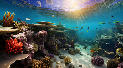 Coral reef and tropical fish on the seabed under the sun - obrazy, fototapety, plakaty