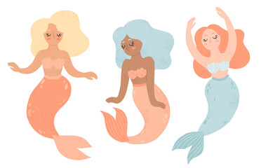 Cute cartoon mermaids. Vector hand-drawn illustration of pretty girls mermaids