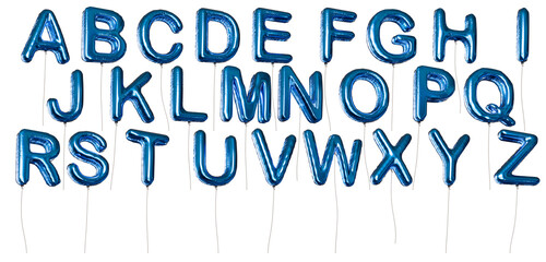 Many alphabet letter shaped blue balloons made of foil. Isolated on transparent background.