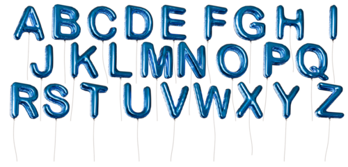 Many alphabet letter shaped blue balloons made of foil. Isolated on transparent background.