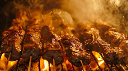 Closeup of a traditional churrasco grill its flames intensifying the smoky aroma of meats being...