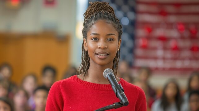 Young African American woman speaking at podium with American flag in the background.