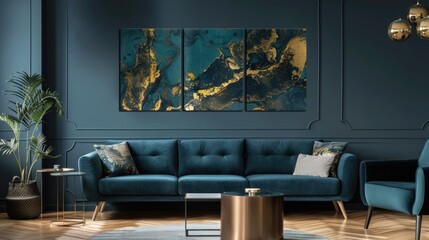 Abstract gold and turquoise wall art trio above blue velvet sofa.