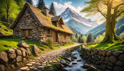 Foto op Canvas village in the mountains house, landscape, sky, nature, alps, hut, mountains, grass © Sadaqat