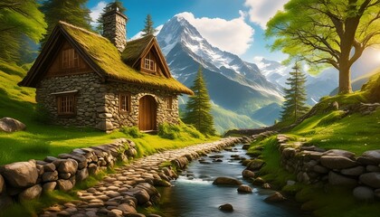 Fototapeta na wymiar village in the mountains house, landscape, sky, nature, alps, hut, mountains, grass