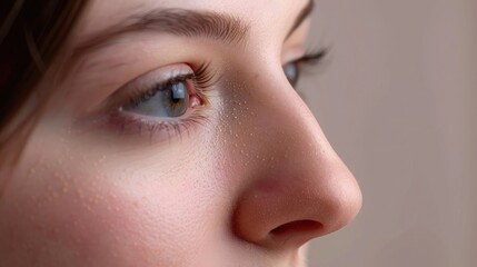 close-up of a woman's nose after rhinoplasty surgery, showcasing the refined and natural-looking results achieved through nasal reshaping and reconstruction.