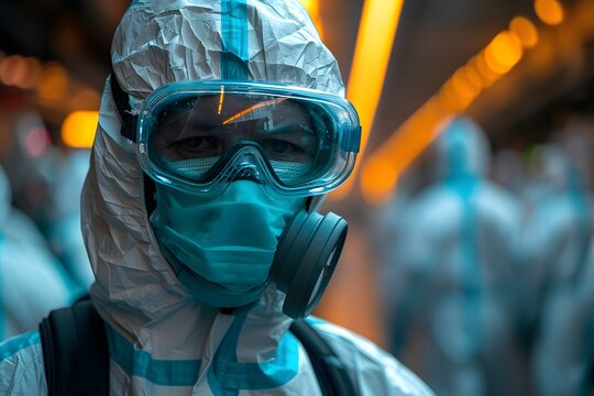 Man Wearing Protective Mask and Goggles. Generative AI