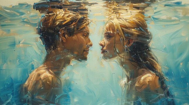Intimate Couple's Underwater Embrace in Oil Painting