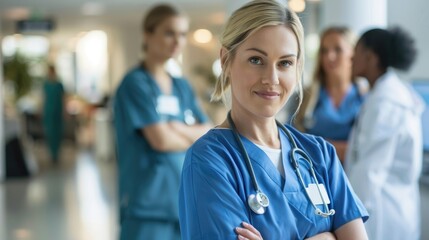 Confident Female Nurse in Hospital Corridor with Colleagues