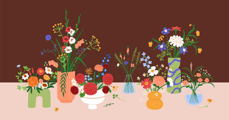 Many modern floral bouquets in vases. Beautiful blossomed flower bunches, arrangements on table. Various blooms, spring and summer gift. Gentle meadow, field and garden flora. Flat vector illustration