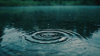 dynamic shot of raindrops falling on a calm lake surface, creating mesmerizing patterns and concentric circles as they meet the water.