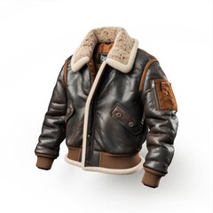 Brown leather jacket with fur collar, on a white background - 792532473