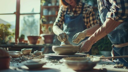 Artist shaping clay on pottery wheel with hands in sunny workshop.