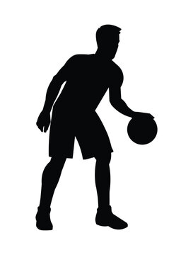 Black silhouette of a basketball player who hits the ball dribbling and standing in a half turn