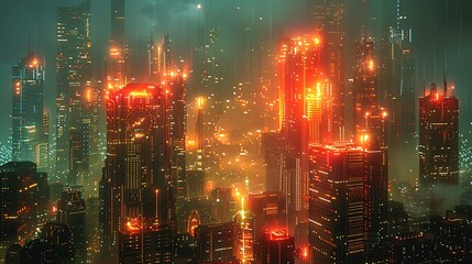 Fototapeta premium A surreal digital collage where a motherboard serves as the foundation for a futuristic cityscape scene at night.