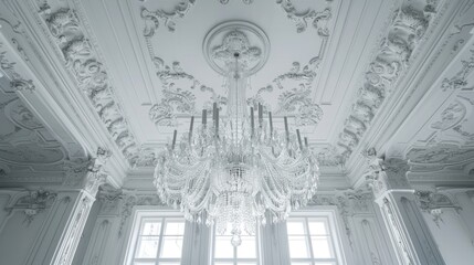 Elegant crystal chandelier suspended from a detailed white ceiling with intricate molding