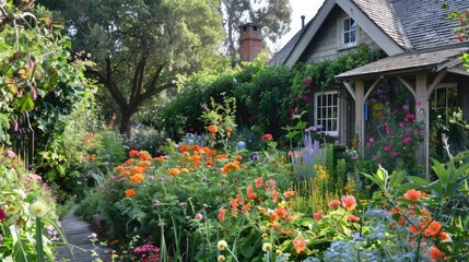 picturesque cottage garden overflowing with cottage garden overflowing with blooming perennials and climbing vines, evoking a sense of nostalgia and charm.