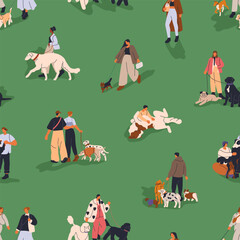 Seamless pattern, people walking with dogs in park. Endless repeating print design, cute puppies and pet owners strolling outdoors. Printable flat vector illustration for textile, fabric, wrapping